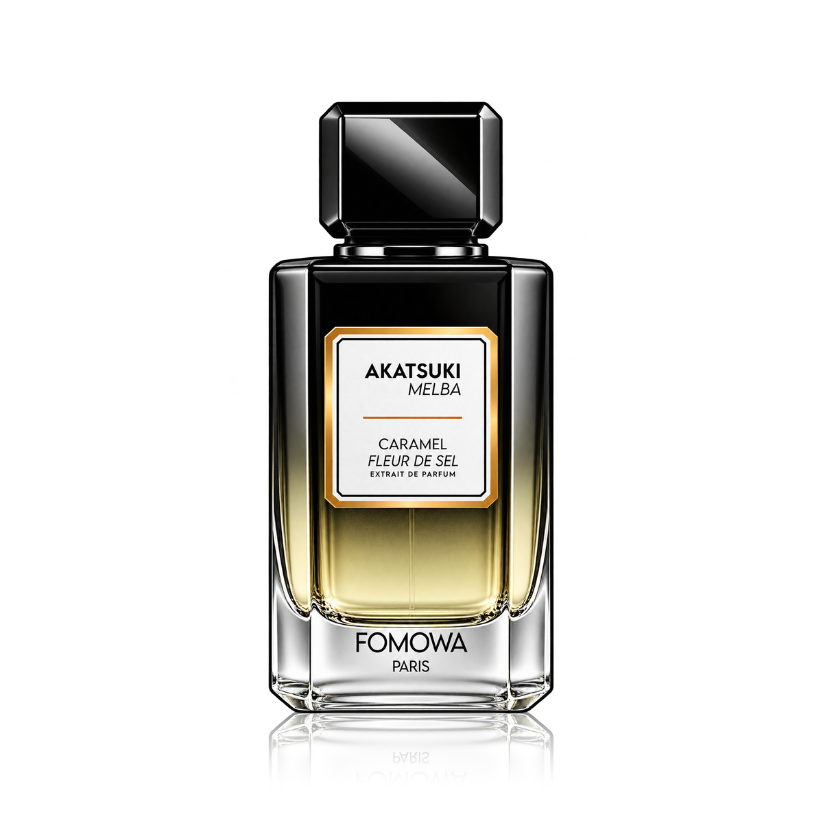 A bottle of Fomowa Akatsuki Melba caramel fleur de sel perfume, featuring a clear glass bottle with a black cap and a black label with gold and white details, set against a clean white background with a subtle reflection.