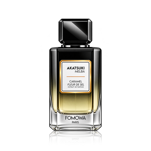 A bottle of Fomowa Akatsuki Melba caramel fleur de sel perfume, featuring a clear glass bottle with a black cap and a black label with gold and white details, set against a clean white background with a subtle reflection.