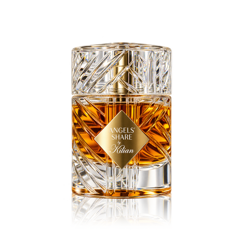 Angels' Share Kitan cologne bottle with a textured clear glass body, amber liquid inside, and a gold diamond-shaped label on a white background with a soft reflection.