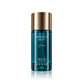 Assaf Arrogate Addict Elvir cologne bottle with a metallic gold cap and teal blue glass body, shown on a white background with a reflection.