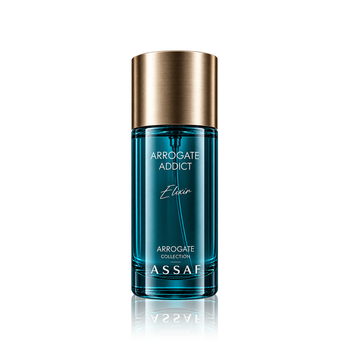 Assaf Arrogate Addict Elvir cologne bottle with a metallic gold cap and teal blue glass body, shown on a white background with a reflection.