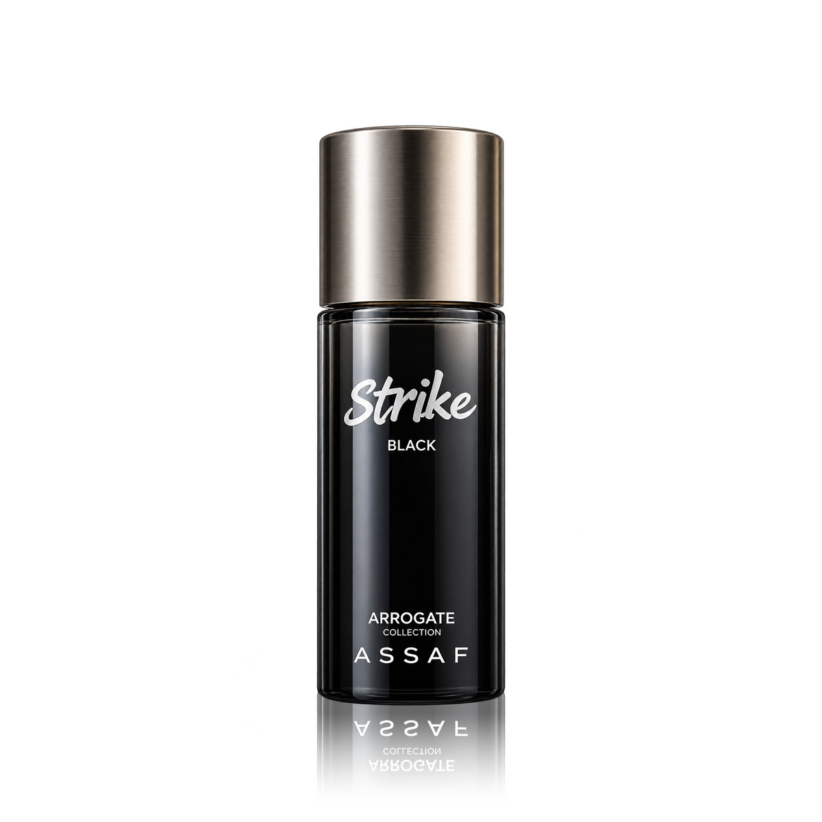 Assaf Strike Black Arrogate Collection perfume bottle with a metallic gold cap and black glass body, centered on a white background with a reflection below.