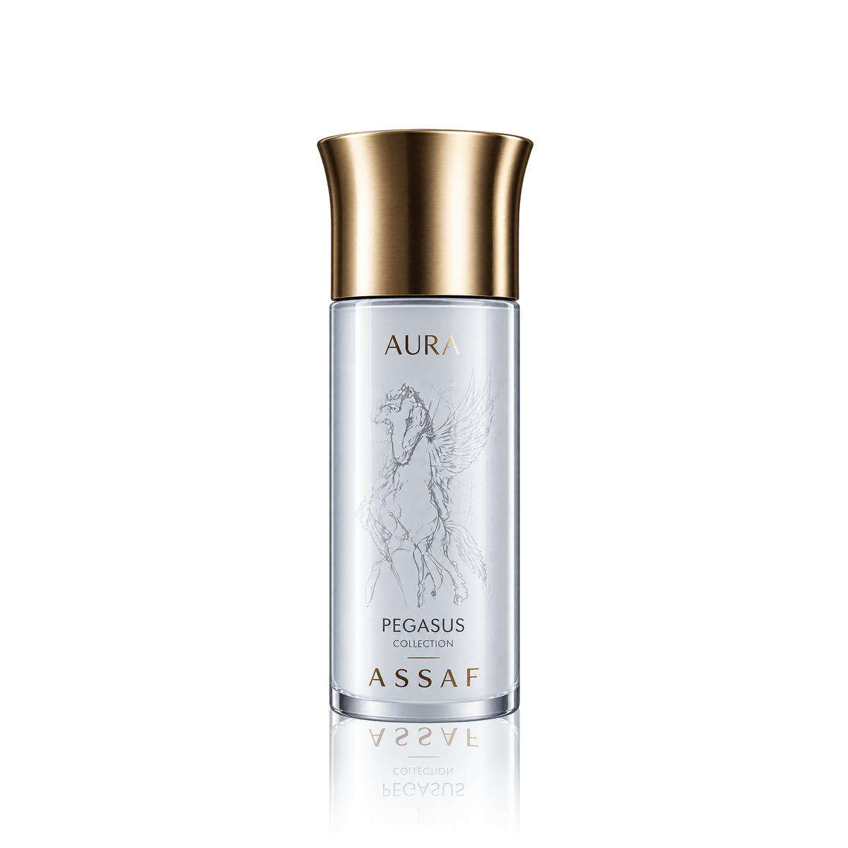 Assaf Aura Pegasus Collection skincare bottle with a metallic gold cap and a clear body showing a silver horse illustration, on a white background with a reflection.