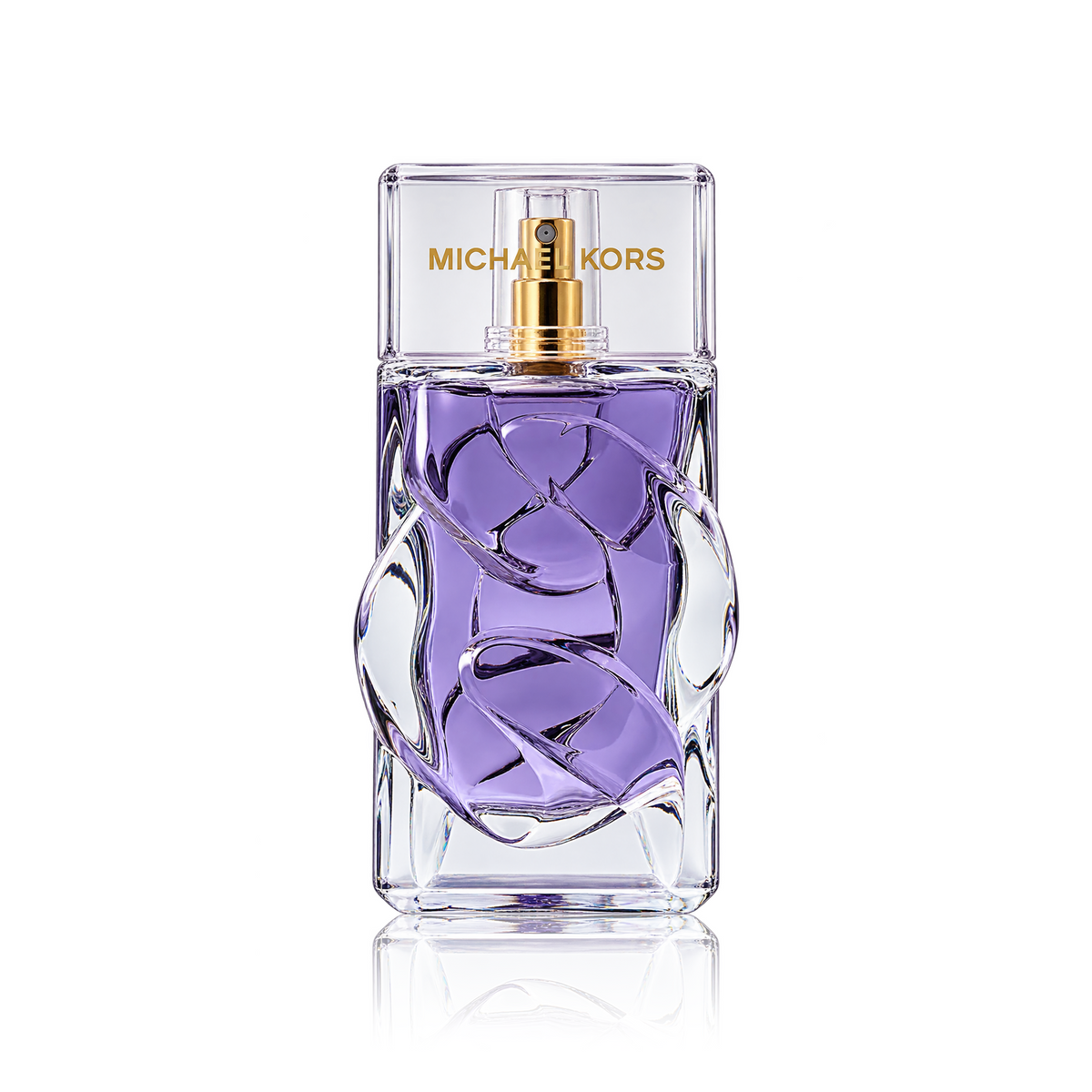 Michael Kors perfume bottle with a sculpted clear glass body, lavender-purple liquid, and a gold spray mechanism on a white background.
