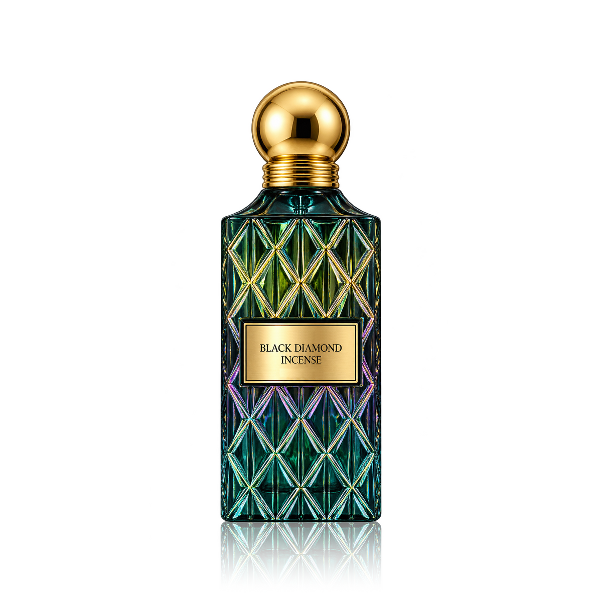 A luxury perfume bottle labeled 'BLACK DIAMOND INCENSE' with a gold cap and a faceted, iridescent green glass body, shown on a clean white background with a soft reflection.