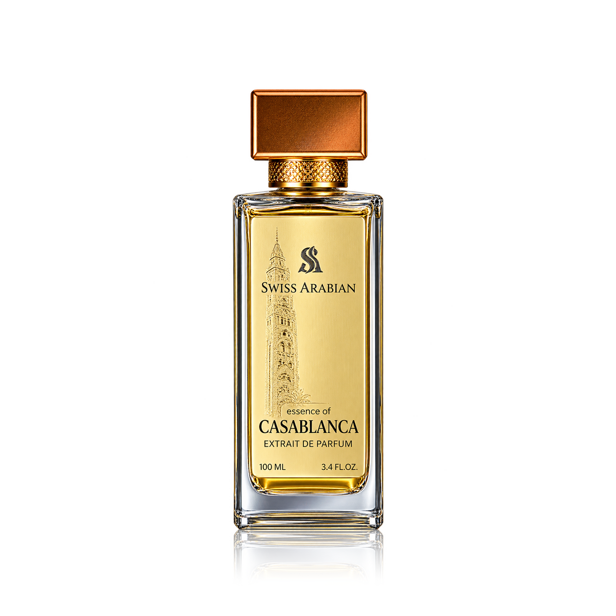 Swiss Arabian Casablanca Extract de Parfum 100ml bottle with a gold label and metallic copper cap, centered on a white background with a subtle reflection.