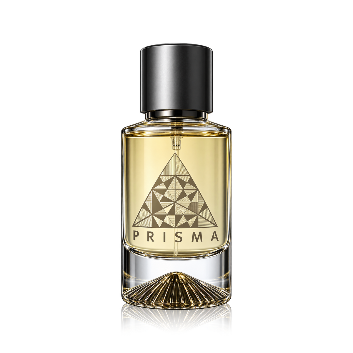 A bottle of PRISMA perfume with a faceted clear glass body, filled with pale golden liquid, featuring a geometric triangle emblem and the brand name 'PRISMA' on the front. It has a metallic silver cap and a gold-toned fluted base, set against a plain white background with a soft reflection.