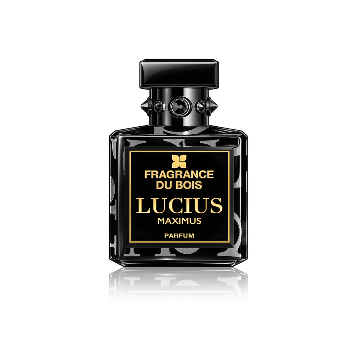 A black glass perfume bottle with a black cap and a gold-bordered front label reading 'FRAGRANCE DU BOIS LUCIUS MAXIMUS PARFUM'. The bottle is centered on a white background with a soft reflection below.