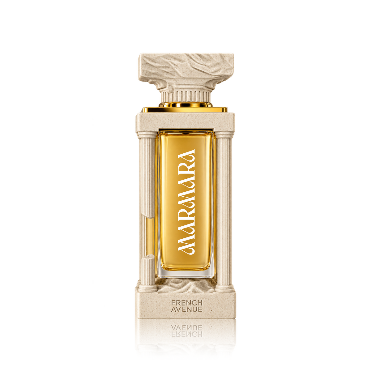 Marmara French Avenue perfume bottle styled like a classical stone column with a gold central panel and gold lettering, on a white background with a soft reflection.