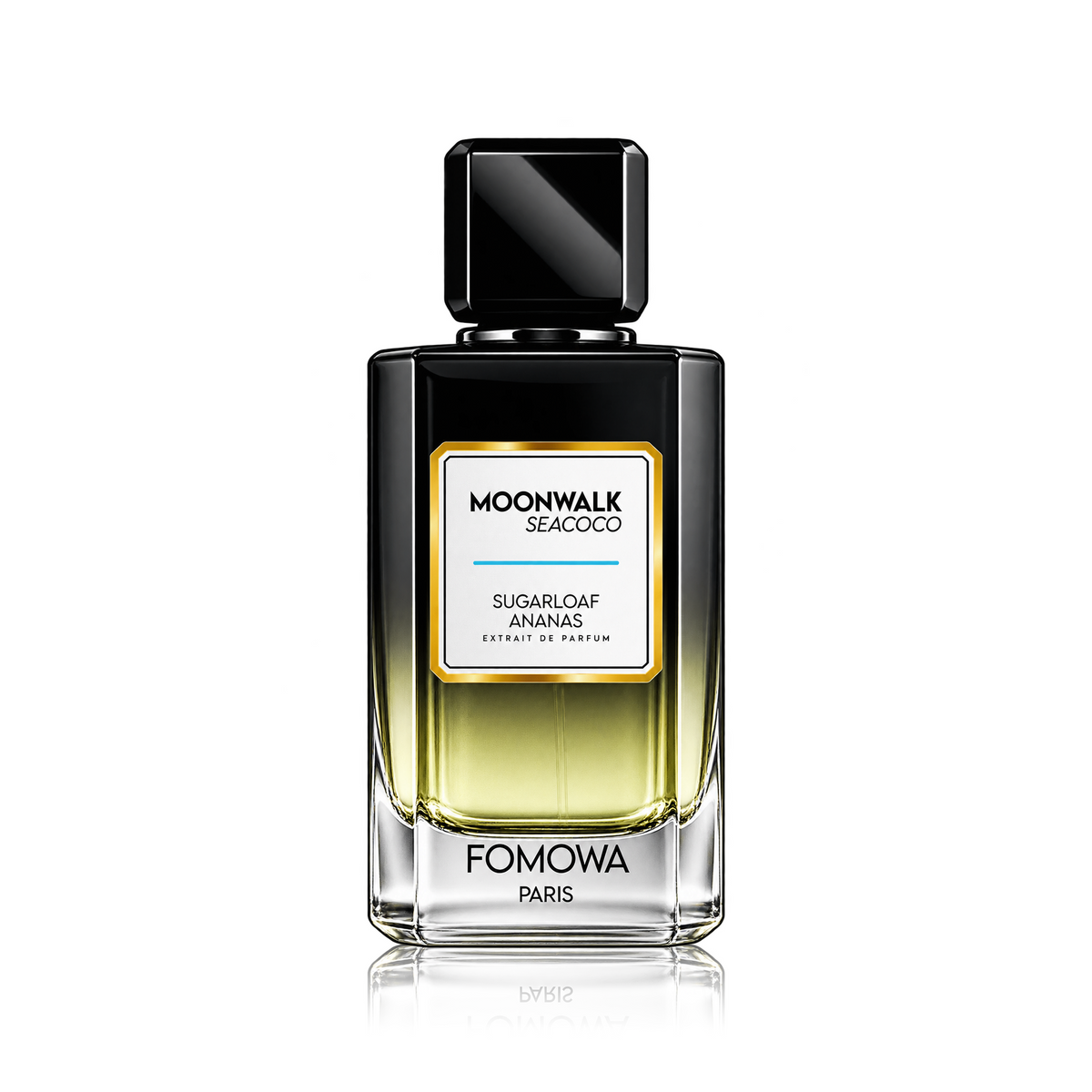 Moonwalk Seacoco Sugarbloat Ananas Extrait de Parfum by Fomowa Paris in a rectangular glass bottle with a black cap and a black-and-gold label, shown on a white background with a reflection.