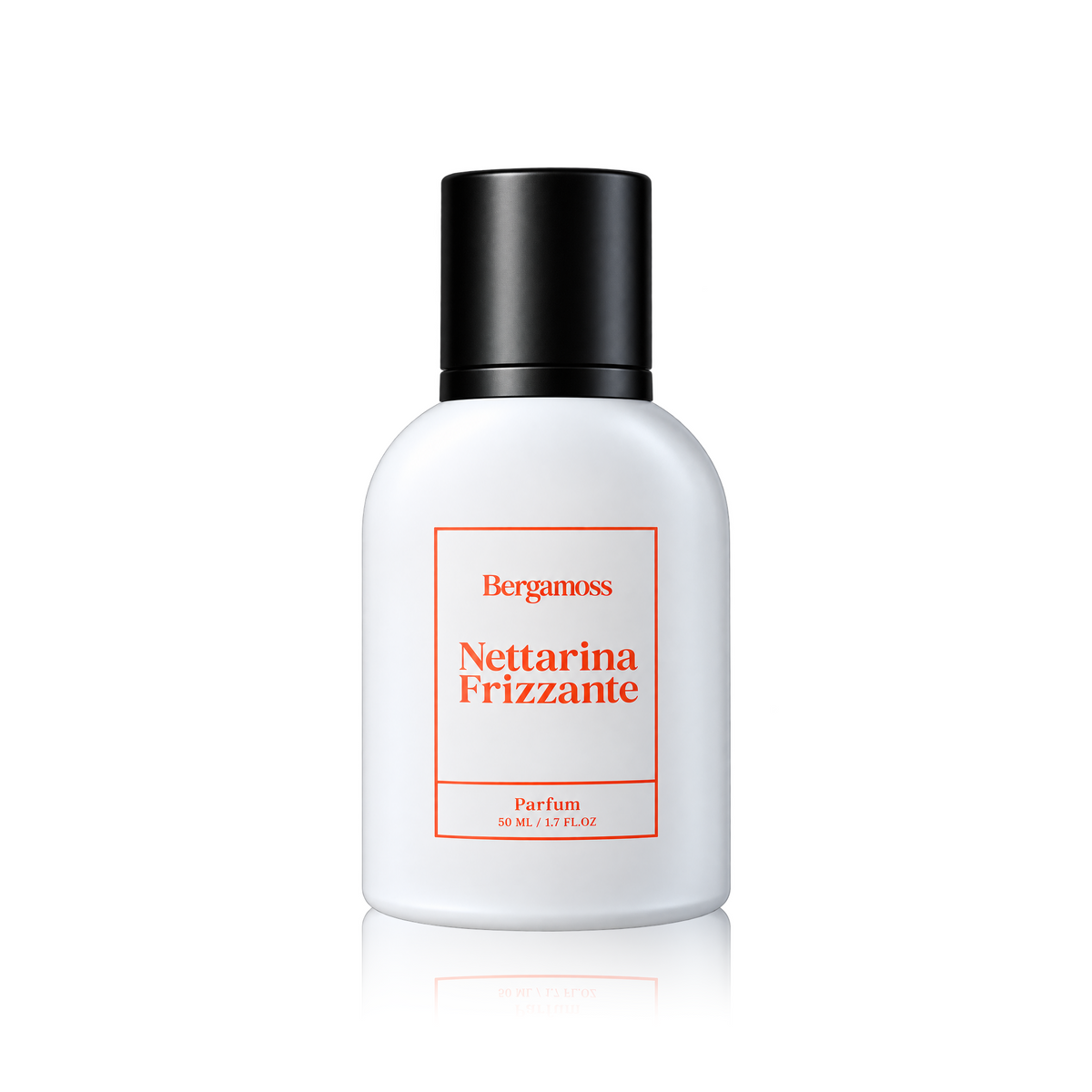 A white cylindrical perfume bottle with a matte black cap, featuring a white label with red text that reads 'Bergamois Nettarina Frizzante Parfum'. The bottle is centered on a clean white background with a subtle reflection below.