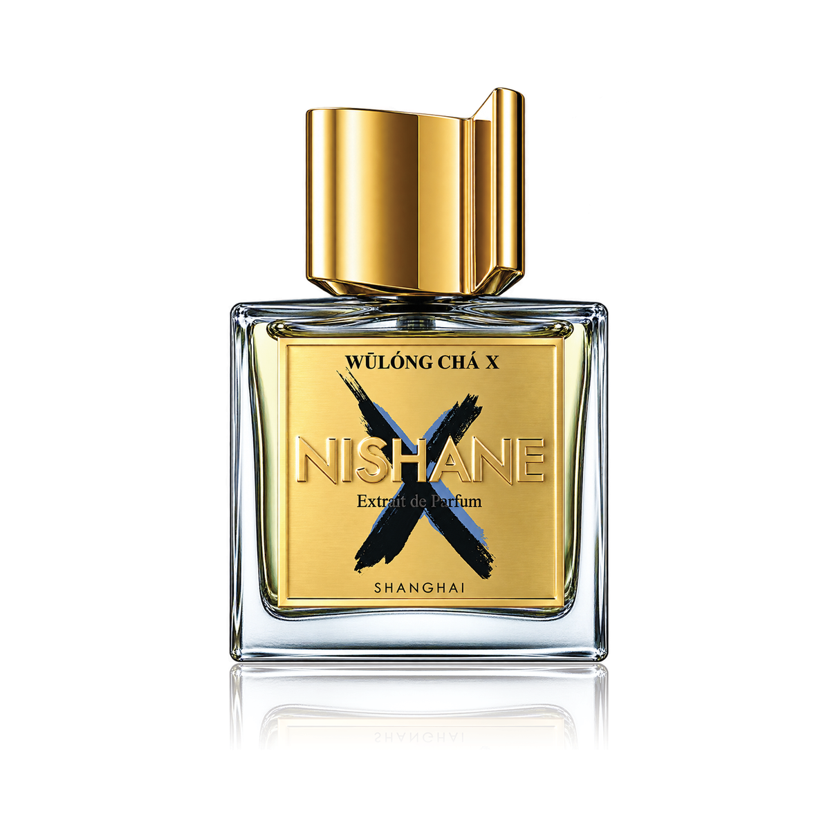 Nishane Wulong Cha X Extraordinary Perfume in a square clear glass bottle with a metallic gold cap and gold label, featuring a black brush-stroke 'X' logo, on a white background with a soft reflection.