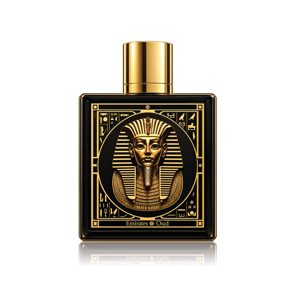 Emirates Gold Oud perfume bottle with a black body and gold cap, featuring an Egyptian pharaoh design on the front, set against a white background with a soft reflection.