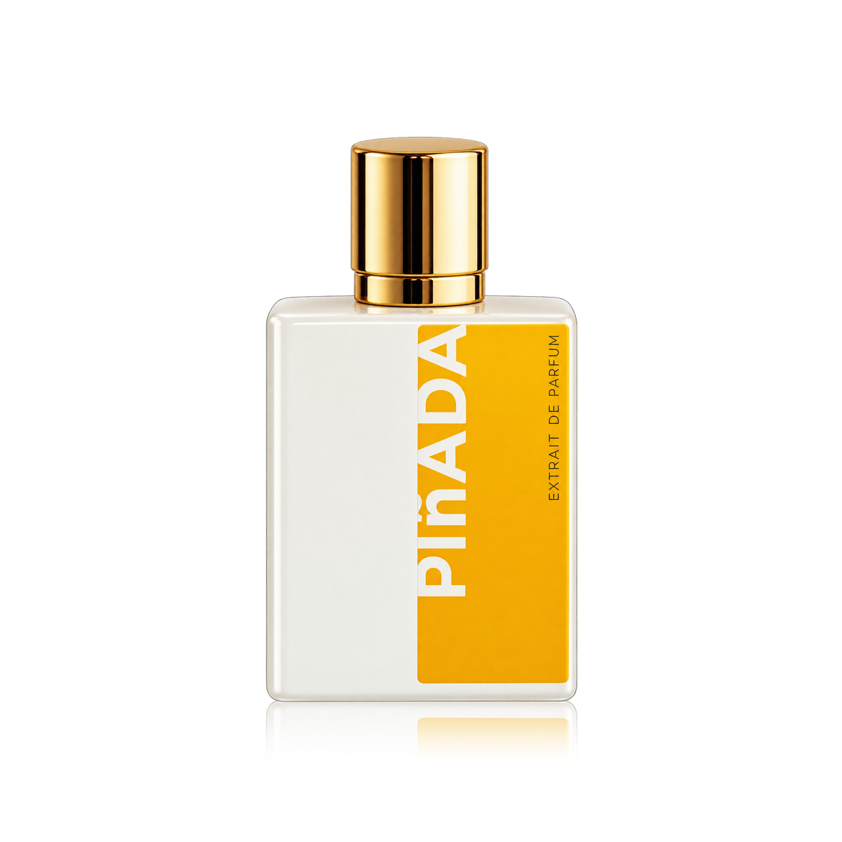 A rectangular perfume bottle with a white body, a vertical yellow-orange label, and a shiny gold cap, centered on a light gray background with a soft reflection below.