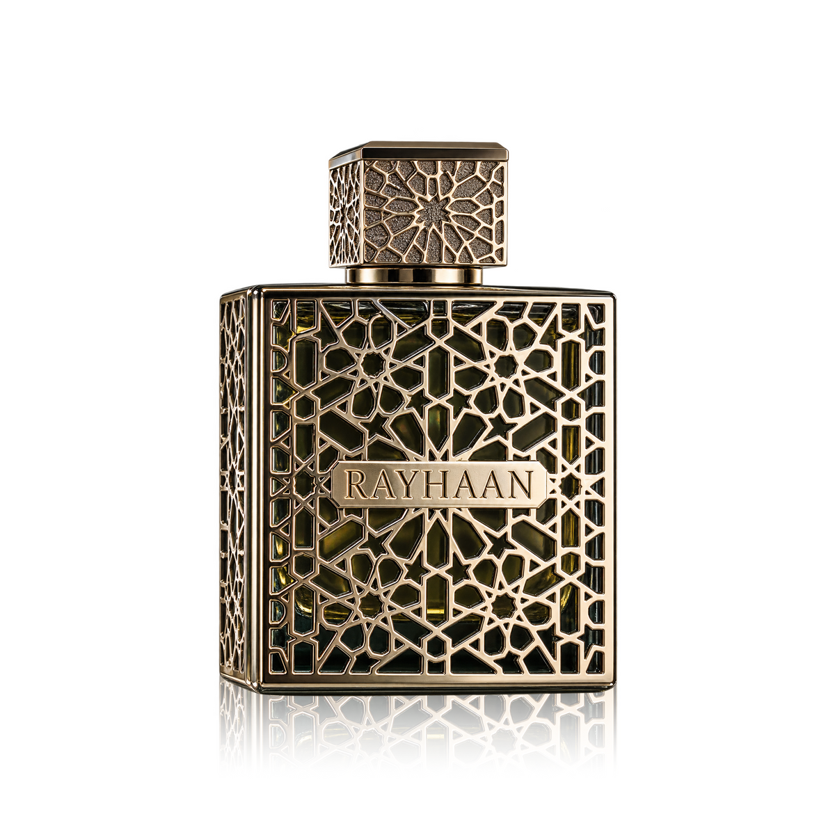 Rayhaan fragrance bottle with an ornate gold geometric filigree design and a gold cap, set against a clean white background with a subtle reflection.