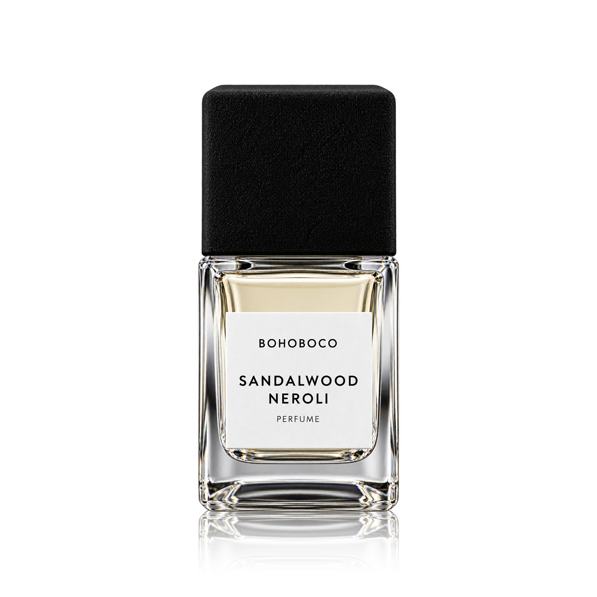 A rectangular glass perfume bottle with a black cap, featuring a white label that reads 'BOHOBOCO SANDALWOOD NEROLI PERFUME'. The bottle is centered on a clean white background with a subtle reflection below.