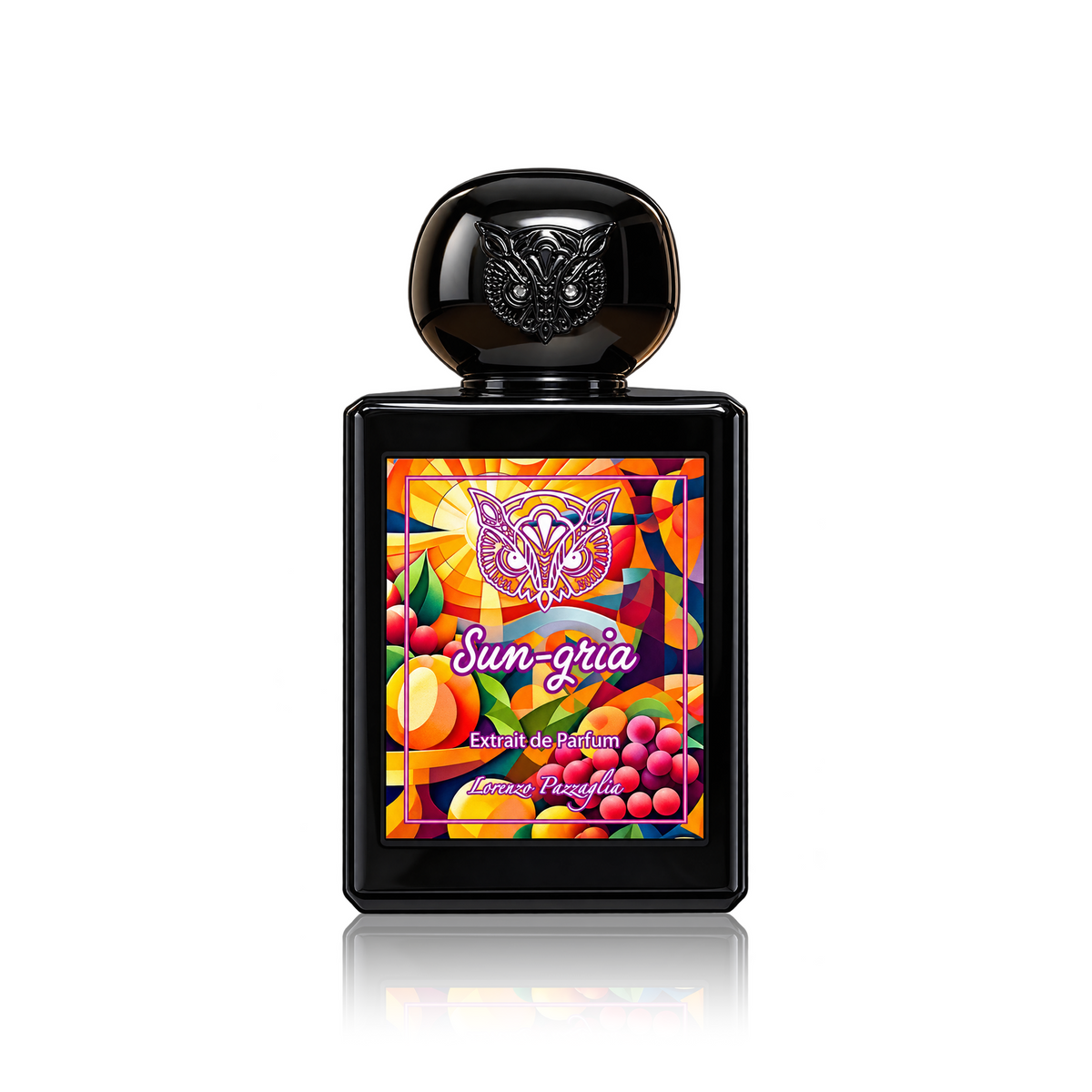 A bottle of Sun-gria Extrait de Parfum by Jasmine Fragrance, featuring a black glass bottle with a glossy black cap and a vibrant, multicolored label depicting citrus fruits, berries, and a stylized owl face.