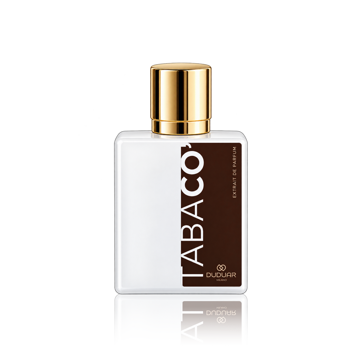 A bottle of Dubour Tabaco Extrait de Parfum with a white glass body, a gold cap, and a dark brown label featuring the brand name 'TABACO' in white text.