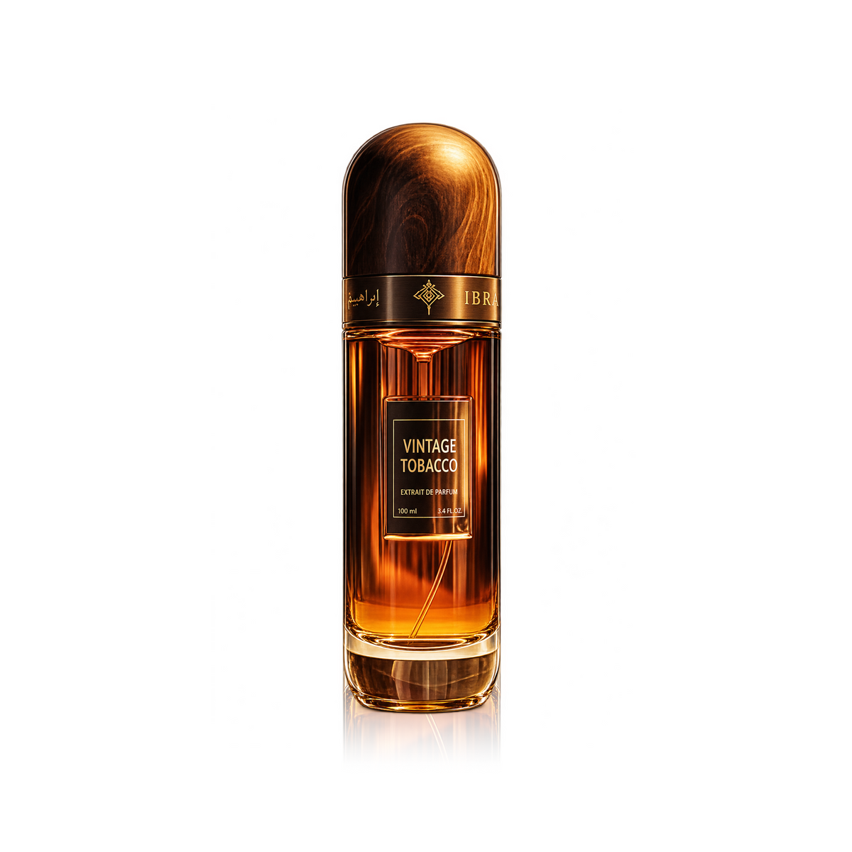A bottle of Tom Ford Vintage Tobacco Eau de Parfum, featuring a rich amber-brown wood-grain cap and a clear glass bottle filled with golden-amber liquid, set against a solid white background.