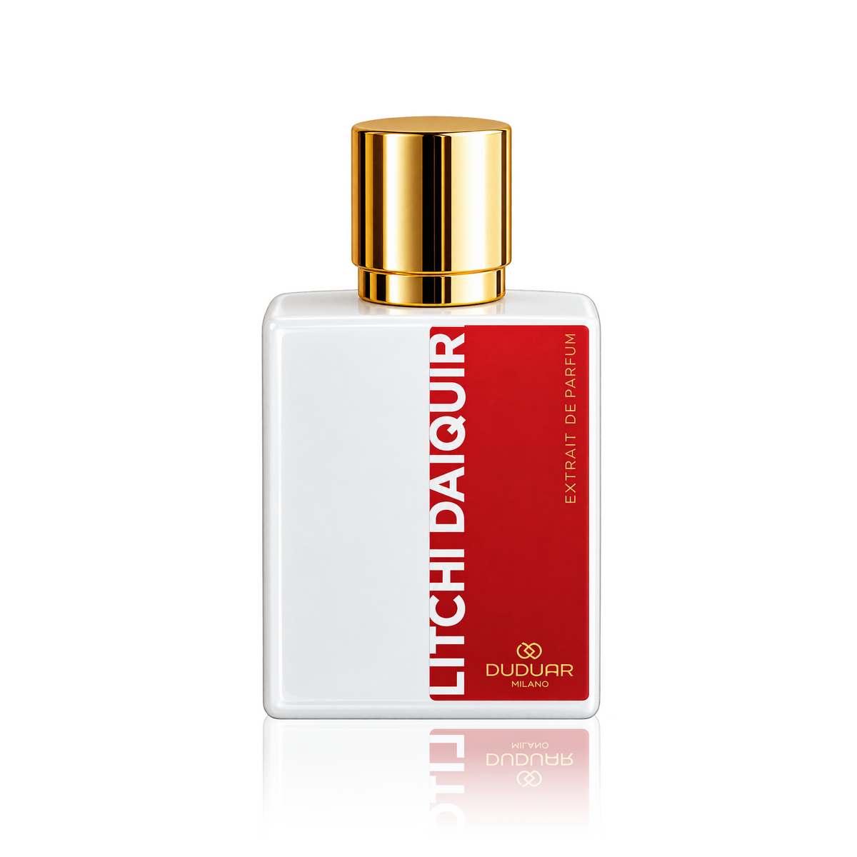 A bottle of Duduar Litchi Daquir extract de parfume, featuring a white rectangular glass bottle with a shiny gold cap and a bold red label with white text, set against a clean white background with a soft reflection below.